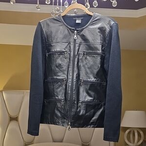 Maurice Sasson Vintag Black Leather Jacket with Textured Cotton Sleeves and Back